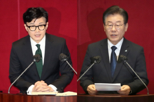 27일 오후 서울 여의도 국회 본회의장에서 열린 제403회국회(임시회) 제8차 본회의에서 이재명 더불어민주당 대표 체포동의안 표결을 앞두고 한동훈(왼쪽) 법무부 장관은 체포동의 요청이유 설명을, 이 대표는 신상 발언을 하고 있다. <연합뉴스>